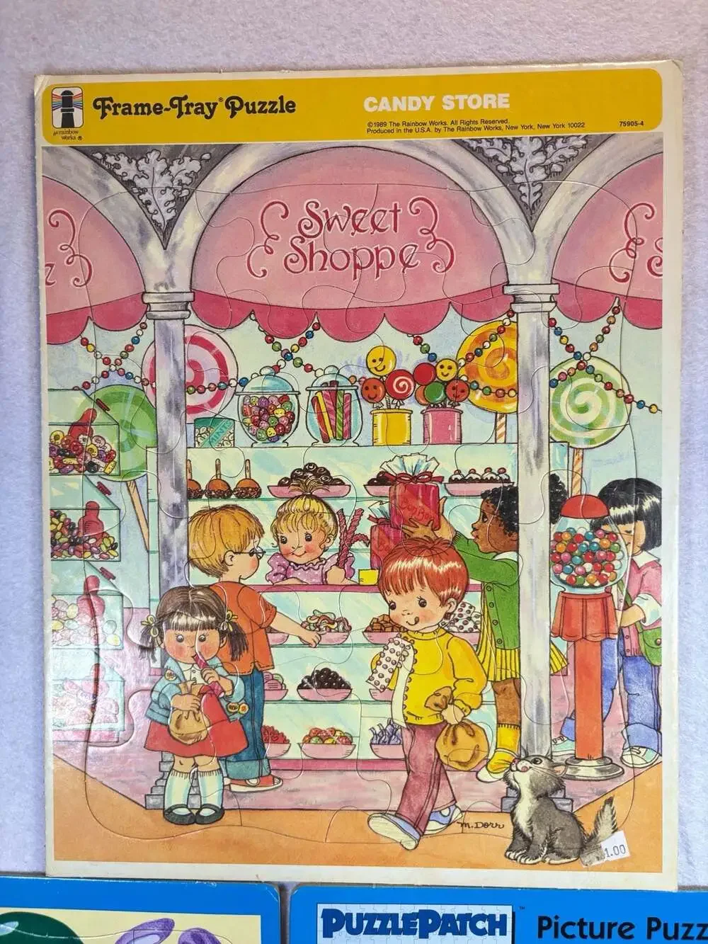 Lot of 3 Vintage Children's Frame-Tray Puzzles (1989 Rainbow Works Candy Store &